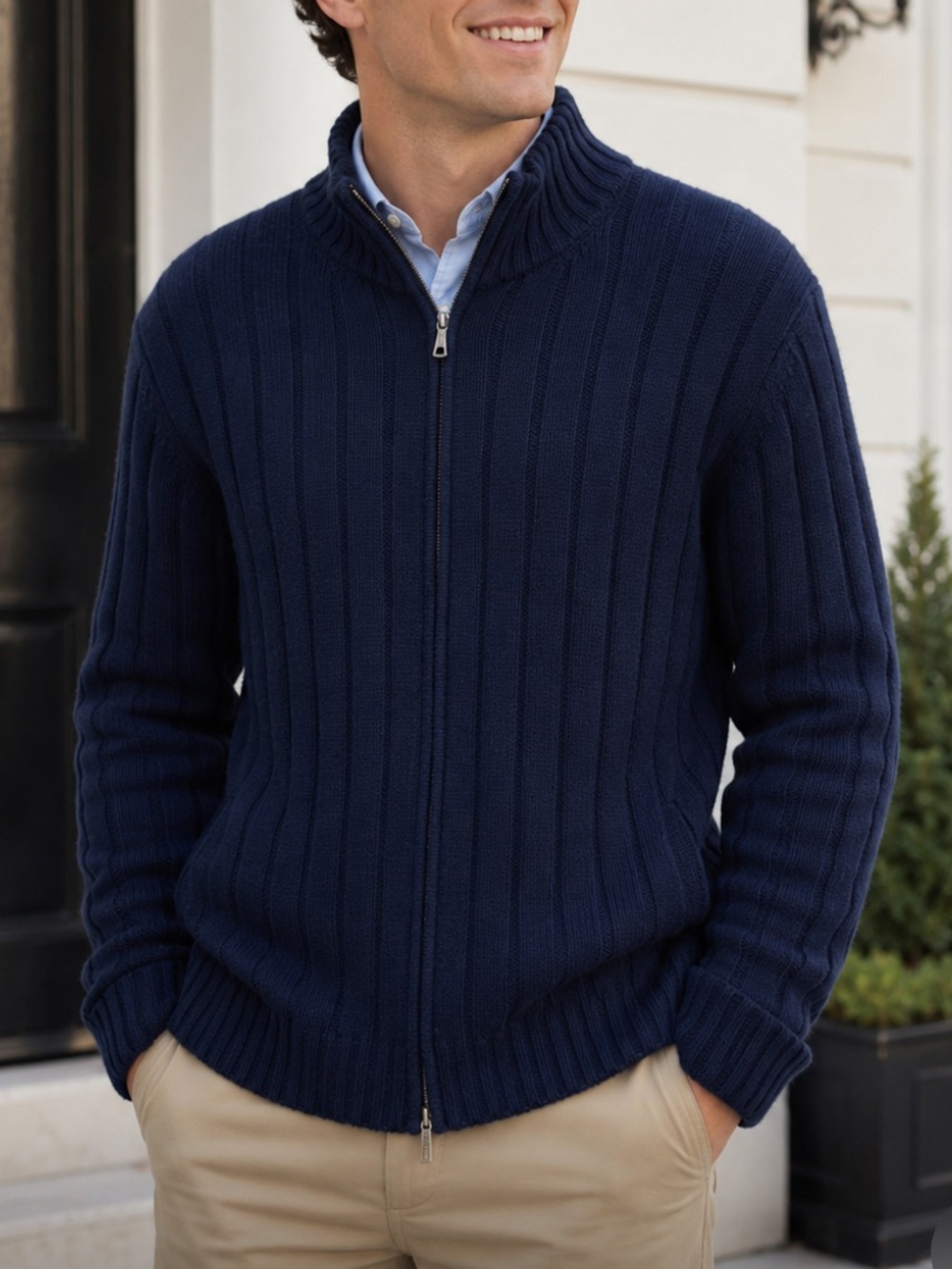 Brooks Brothers Lambswool Navy Ribbed Full-Zip Sweater